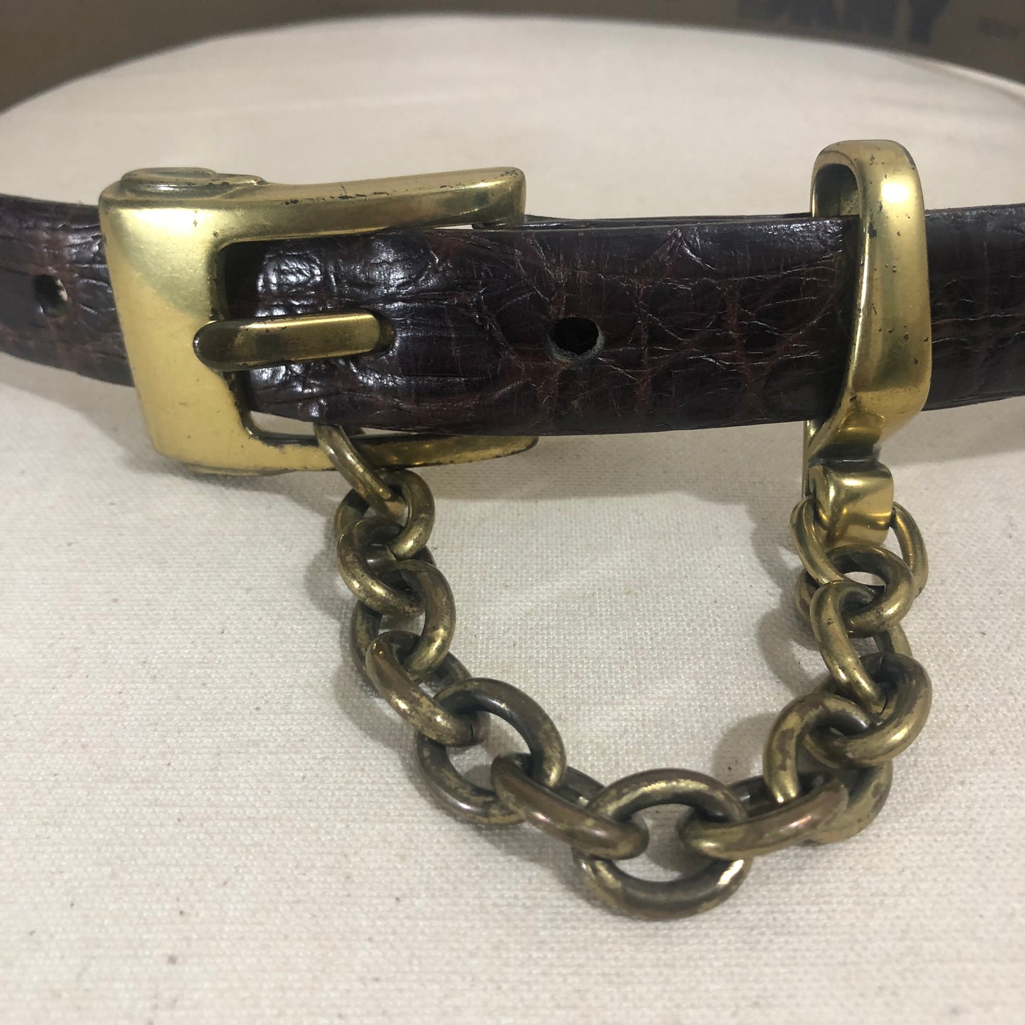 leather belt w/ chain, brown + brass