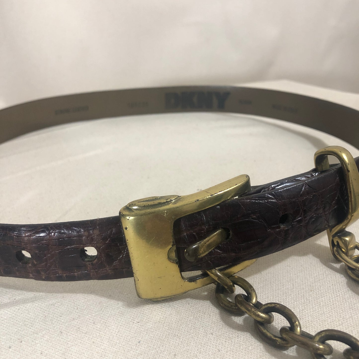 leather belt w/ chain, brown + brass