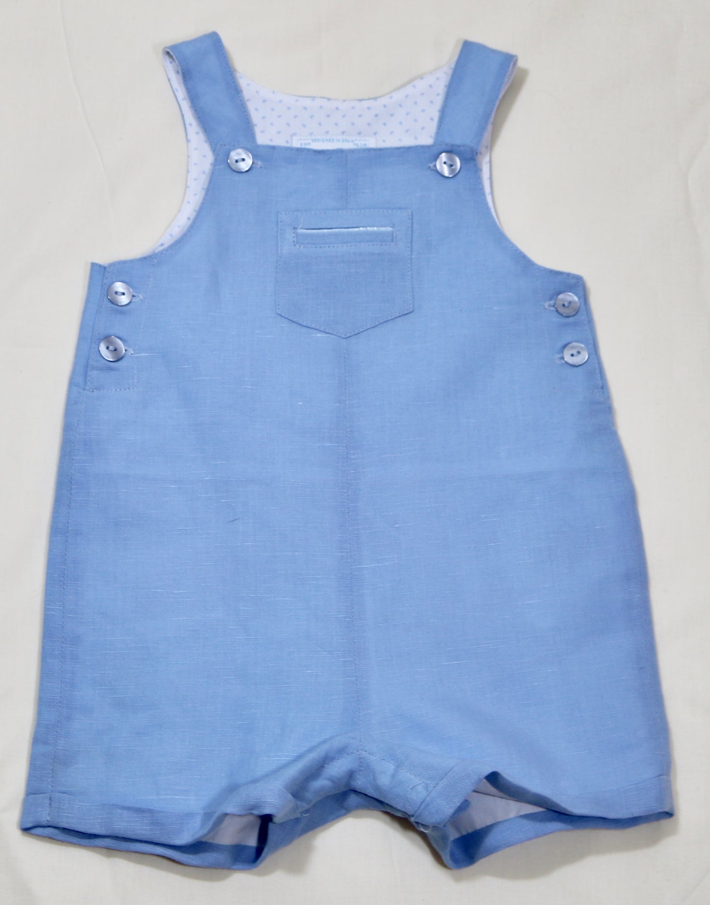 Blue Linen Short Dungaree, Size 6-9 Month